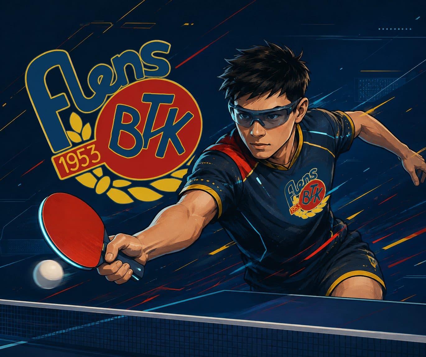 Flens BTK-spelare i match, racket och boll i rörelse